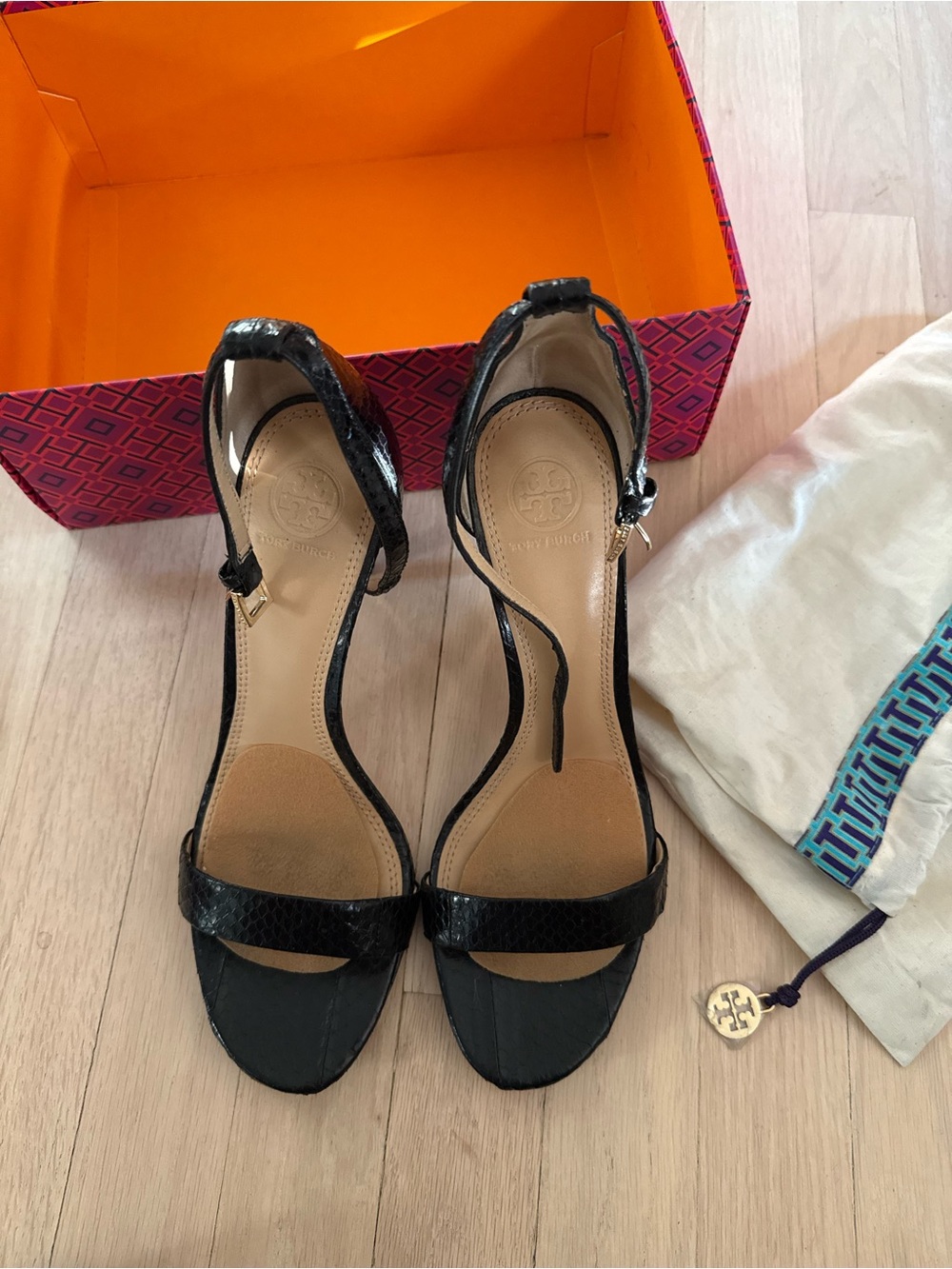 Tory Burch Black Snake Skin Ankle-Strap Heels